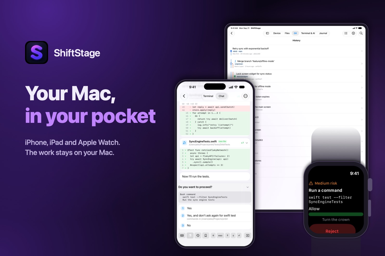 ShiftStage on an iPad, an iPhone and an Apple Watch: your Mac, in your pocket