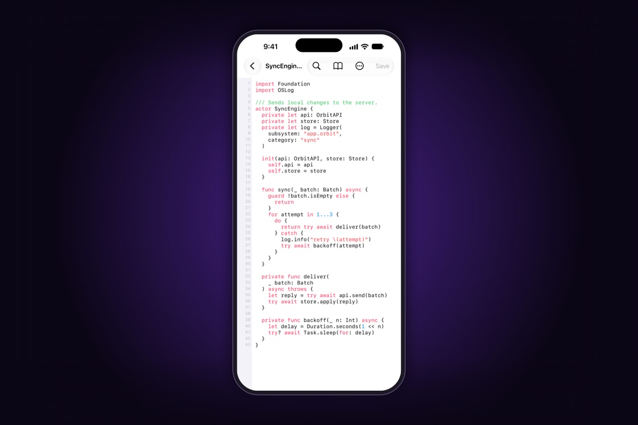 A source file from the Mac, opened on the phone with syntax highlighting