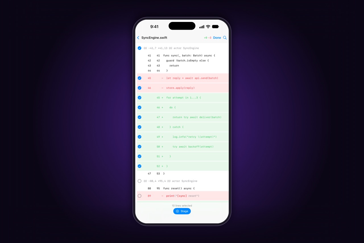 A diff on the phone: removed and added lines, the ones for the commit picked line by line