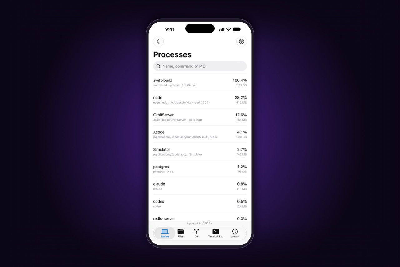 Processes on the Mac by load: a build, a dev server on port 3000, a database