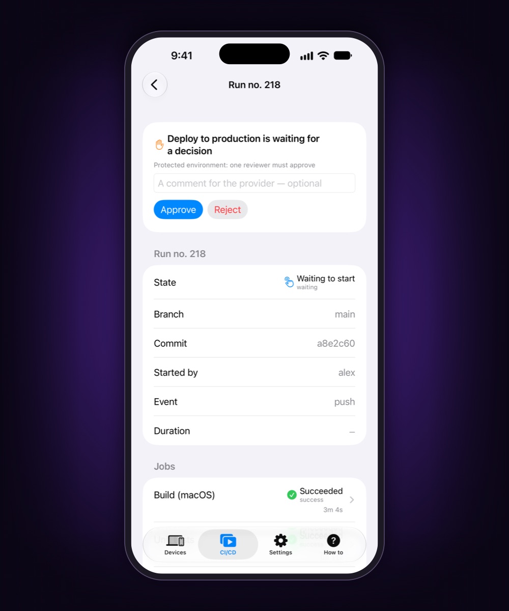 Run number 218 on the phone: deploy to production waits for a decision, with Approve and Reject buttons and the build job succeeded.