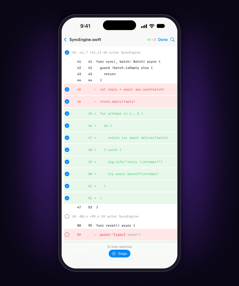 An iPhone showing the diff of SyncEngine.swift: two removed lines and eight added ones selected, and a Stage button for the ten selected lines.