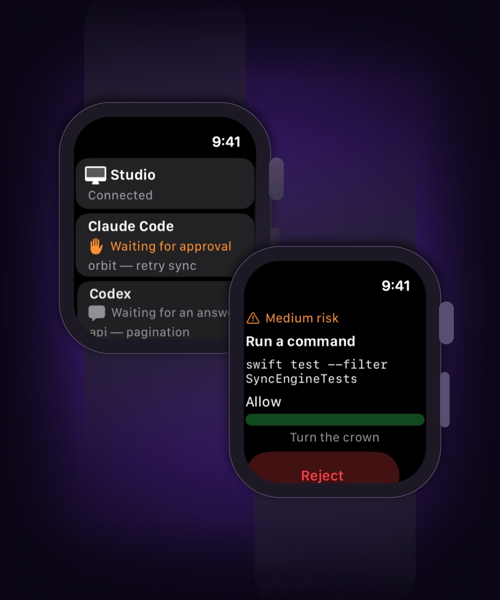 Two Apple Watch screens: the Mac connected with Claude Code waiting for approval and Codex waiting for an answer, and a medium-risk command allowed by turning the crown.